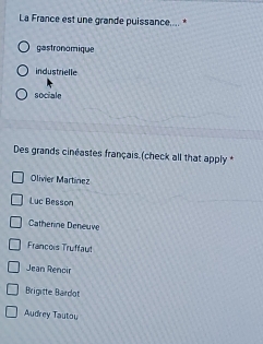 La France est une grande puissance.... *
gastronomique
industrielle
sociale
Des grands cinéastes français (check all that apply *
Olivier Martínez
Luc Besson
Catherine Deneuve
Francois Truffaut
Jean Rencir
Brigitte Bardot
Audrey Tautou