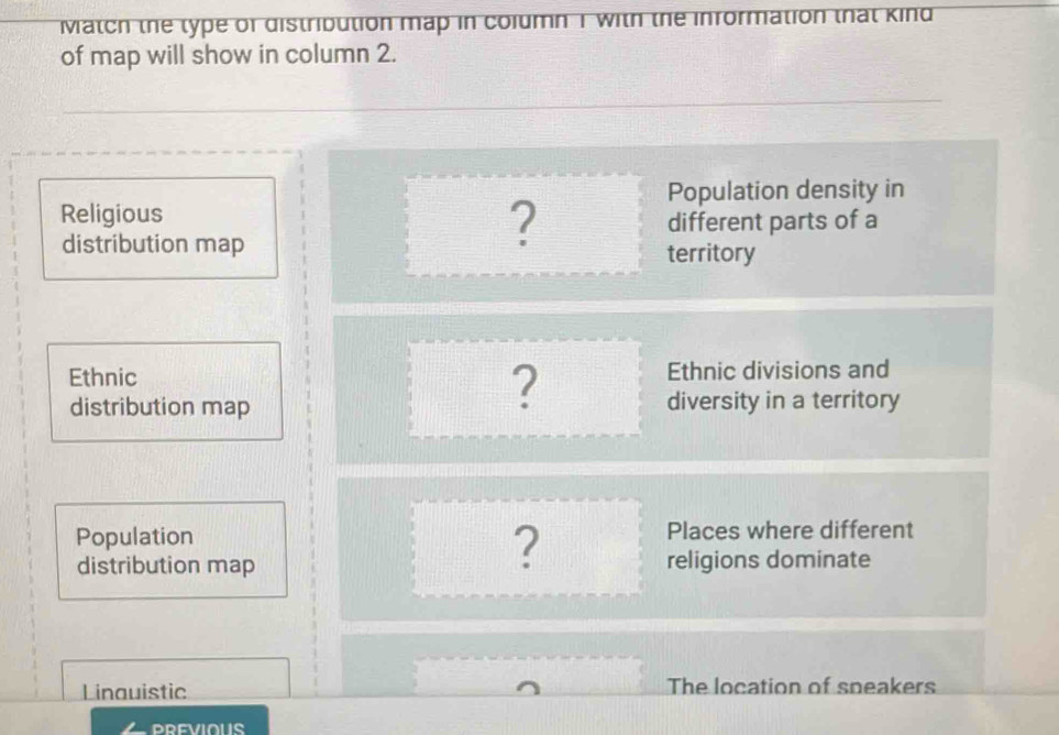 Match the type of distribution map in column 1 with the information that kind 
of map will show in column 2. 
Population density in 
Religious 
? different parts of a 
distribution map territory 
? 
Ethnic Ethnic divisions and 
distribution map diversity in a territory 
? 
Population Places where different 
distribution map religions dominate 
Linauistic The location of sneakers 
PREVIOUS