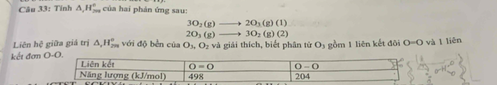 Tính △ _rH_(208)^0 của hai phản ứng sau:
3O_2(g)to 2O_3(g)(1)
2O_3(g)to 3O_2(g)(2)
Liên hệ giữa giá trị △ _rH_(298)^(θ) với độ bền của O_3,O_2 và giải thích, biết phân tử O_3
kết đơn  gồm 1 liên kết đôi O=O và l liên