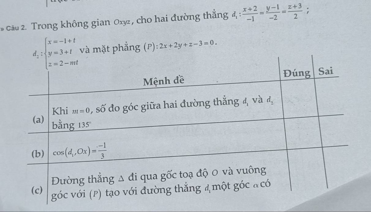 Trong không gian Oxyz, cho hai đường thắng d_1: (x+2)/-1 = (y-1)/-2 = (z+3)/2 ;
và mặt phẳng (P): 2x+2y+z-3=0.