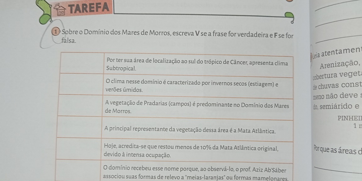 TAREFA 
_ 
。 
_ 
1 º Sobre o Domínio dos Mares de Morros, escreva V se a frase for verdadeira e F se for_ 
falsa. 
Aleia atentament 
Arenização, 
cobertura v eget 
de chuvas const 
meno não deve : 
do, semiárido e 
PINHEI 
1n 
Por que as áreas d 
_ 
associou suas formas de relevo a "meias-laranjas" ou formas mamelonares.