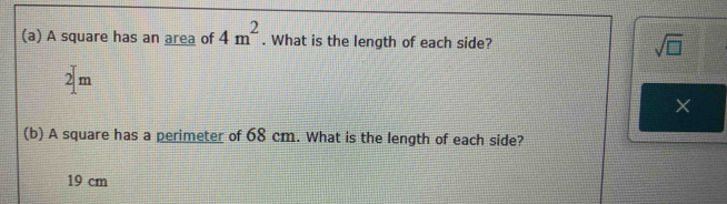 Solved: A square has an area of 4m^2. What is the length of each side ...