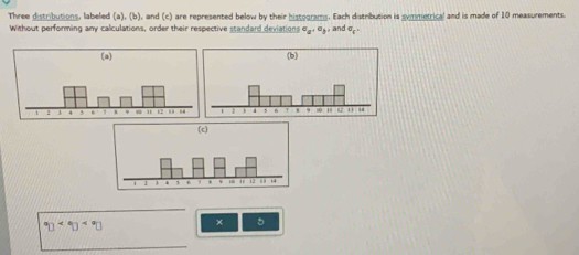 Three distributions, labeled (a), (b), and (c) are represented below by their histograms. Each distribution is symmetrical and is made of 10 measurements. 
Without performing any calculations, order their respective standard deviations e_a, e_b, and sigma _c,
^circ D^ × 5