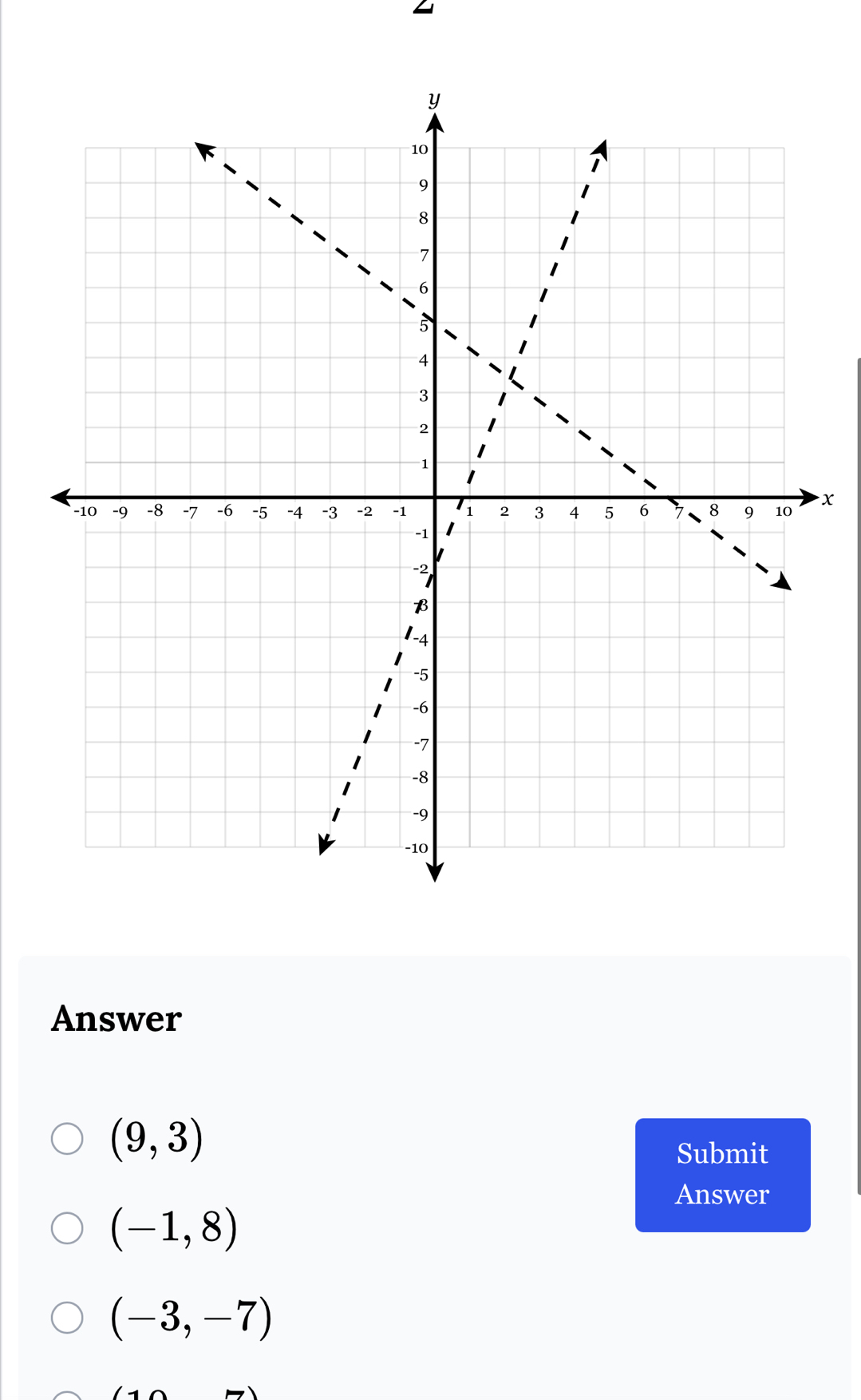 x
Answer
(9,3)
Submit
Answer
(-1,8)
(-3,-7)