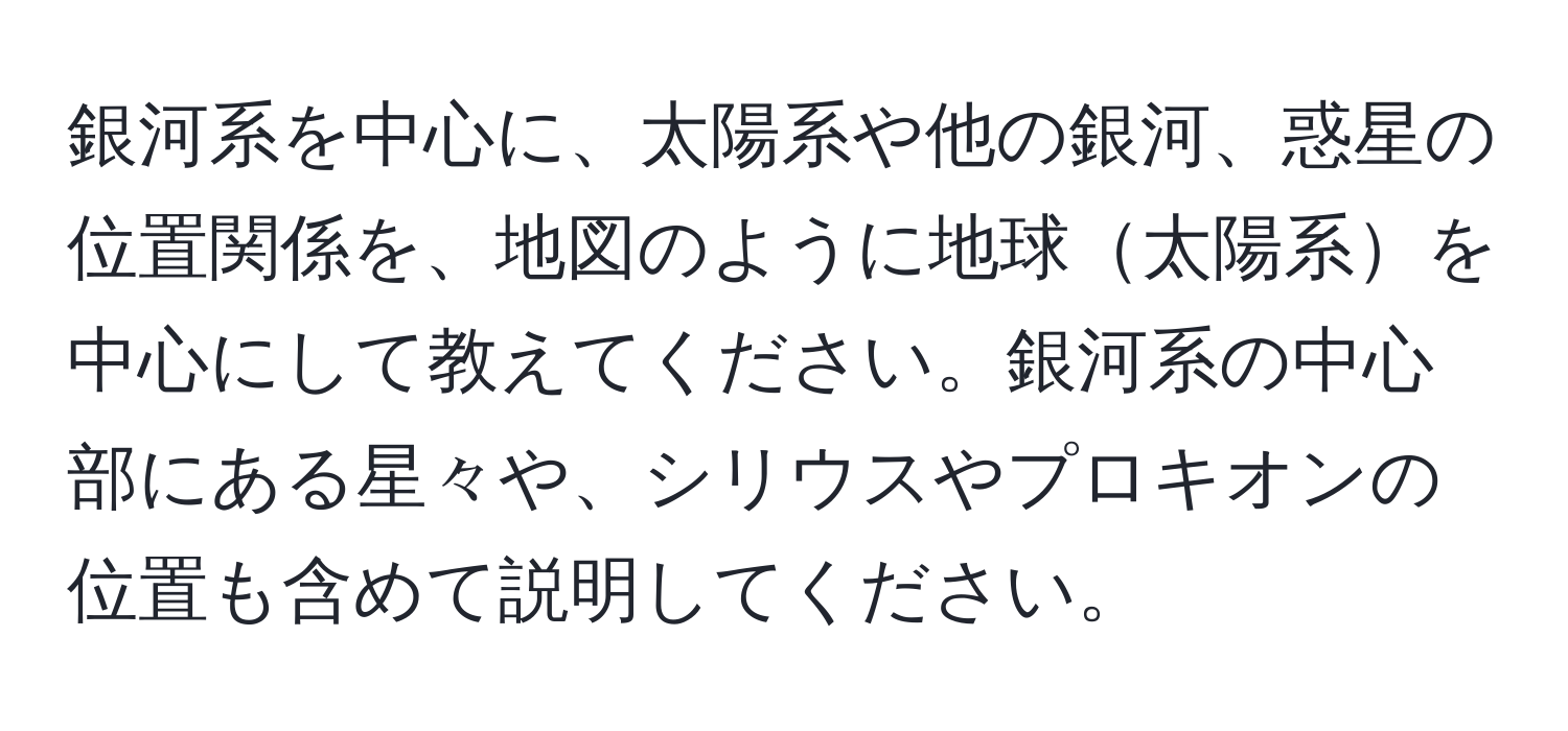 銀河系を中心に、太陽系や他の銀河、惑星の位置関係を、地図のように地球太陽系を中心にして教えてください。銀河系の中心部にある星々や、シリウスやプロキオンの位置も含めて説明してください。