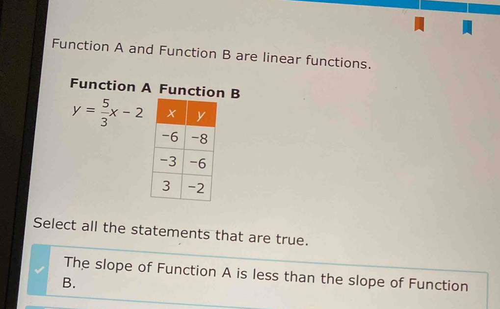 Function A and Function B are linear functions.
Function A Function B
y= 5/3 x-2
Select all the statements that are true.
The slope of Function A is less than the slope of Function
B.