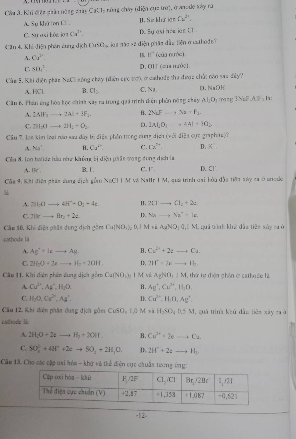 Khi điện phân nóng cháy CaCl_2 nóng chảy (điện cực trơ), ở anode xảy ra
A. Sự khử ion CF. B. Sự khử ion Ca^(2+).
C. Sự oxi hóa ion Ca^(2+). D. Sự oxi hóa ion Cl.
Câu 4. Khi điện phân dung dịch CuSO_4 , ion nào sẽ điện phân đầu tiên ở cathode?
A. Cu^(2+).
B. H^+ (của nước).
C. SO_4^((2-). D. OH (của nước).
Câu 5. Khi điện phân NaCl nóng chảy (điện cực trơ), ở cathode thu được chất nảo sau đây?
A. HC 1 B. Cl_2). C. Na. D. NaOH
Câu 6. Phản ứng hóa học chính xảy ra trong quá trình điện phân nóng chảy Al_2O_3 trong 3NaF AIF_3 là:
B.
A. 2AIF_3 2Al+3F_2. 2NaFto Na+F_2.
C. 2H_2O . 2H_2+O_2. D. 2Al_2O_3to 4Al+3O_2.
Câu 7. Ion kim loại nào sau đây bị điện phân trong dung dịch (với điện cực graphite)?
A. Na^+. B. Cu^(2+). C. Ca^(2+). D. K^+.
Câu 8. Ion halide hầu như không bị điện phân trong dung dịch là
A. Br. B.Γ C. F . D. Cl
Câu 9. Khi điện phân dung dịch gồm NaCl 1 M và NaBr 1 M, quá trình oxi hóa đầu tiên xảy ra ở anode
là
A. 2H_2Oto 4H^++O_2+4e. B. 2Cl^- to Cl_2+2e.
C. 2Brto Br_2+2e. D. Nato Na^++1e.
Câu 10. Khi điện phân dung dịch gồm Cu(NO_3) 2 0,1 M và AgNO_30,1M , quá trình khử đầu tiên xây ra ở
cathode là
A. Ag^++1eto Ag. B. Cu^(2+)+2eto Cu.
C. 2H_2O+2eto H_2+2OH^-. D. 2H^++2eto H_2.
Câu 11. Khi điện phân dung dịch gồm Cu(NO_3)_2 1 M và AgNO_31M , thứ tự điện phân ở cathode là
A. Cu^(2+),Ag^+,H_2O. B. Ag^+,Cu^(2+),H_2O.
C. H_2O,Cu^(2+),Ag^+. D. Cu^(2+),H_2O,Ag^+.
Câu 12. Khi điện phân dung dịch gồm CuSO_41,0M và H_2SO_40,5M , quá trình khử đầu tiên xảy ra ở
cathode là:
A. 2H_2O+2eto H_2+2OH^-. B. Cu^(2+)+2eto Cu.
C. SO_4^((2-)+4H^+)+2eto SO_2+2H_2O. D. 2H^++2eto H_2.
Câu 13. Cho các cặp oxi hóa - khử và thể điện cực chuẩn tương ứng:
-12-