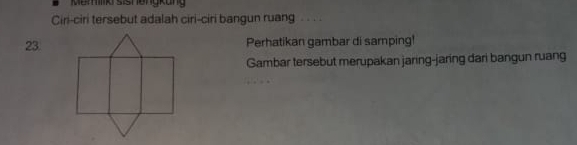 Mumilik sishengkung 
Ciri-ciri tersebut adalah ciri-ciri bangun ruang . . . . 
23Perhatikan gambar di samping! 
Gambar tersebut merupakan jaring-jaring dari bangun ruang