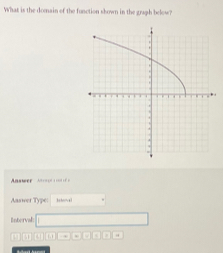 What is the domain of the function shown in the graph below? 
Answer A= e= f =
Aaswer Type: 
Interval