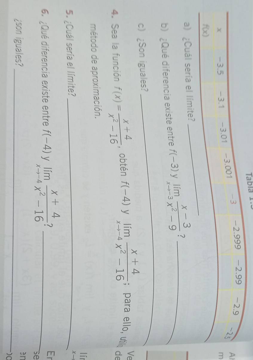 Tabía 1.5
-25 Al
X -3.5 -3.1 -3.01 -3.001 -3 −2.999
-2.99 -2.9
_ 
m 
_ 
_
f(x)
a) ¿Cuál sería el límite? 
b) ¿Qué diferencia existe entre f(-3) y limlimits _xto -3 (x-3)/x^2-9  ?_ 
c)¿Son iguales? 
_ 
Ve 
4. Sea la función f(x)= (x+4)/x^2-16  , obtén f(-4) y limlimits _xto -4 (x+4)/x^2-16 ; para ello, utille de 
método de aproximación. 
lír 
5. ¿Cuál sería el límite?_
xto
6. ¿Qué diferencia existe entre f(-4) y limlimits _xto -4 (x+4)/x^2-16  1_ 
Er 
se 
¿son iguales?_ 
en 
)0