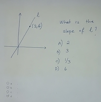 What is the
slope of e?
A) 2
B) 3
() 13
() 6