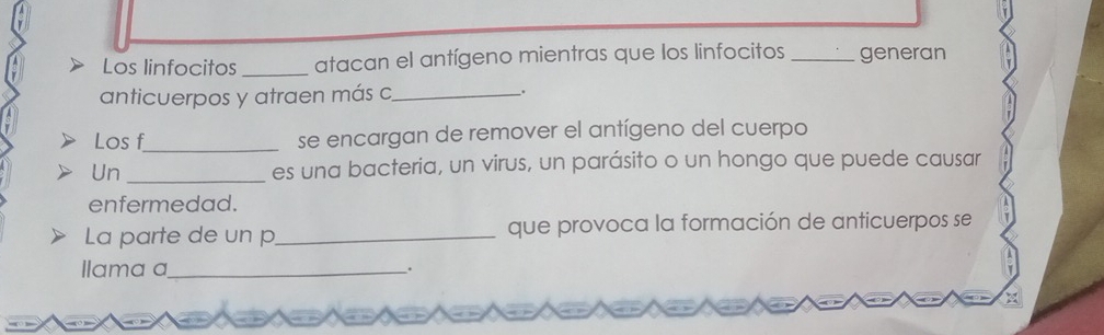 Los linfocitos _atacan el antígeno mientras que los linfocitos _generan 
anticuerpos y atraen más c_ . 
Los f_ se encargan de remover el antígeno del cuerpo 
Un _es una bacteria, un virus, un parásito o un hongo que puede causar 
enfermedad. 
La parte de un p_ que provoca la formación de anticuerpos se 
Ilama a_ 
.