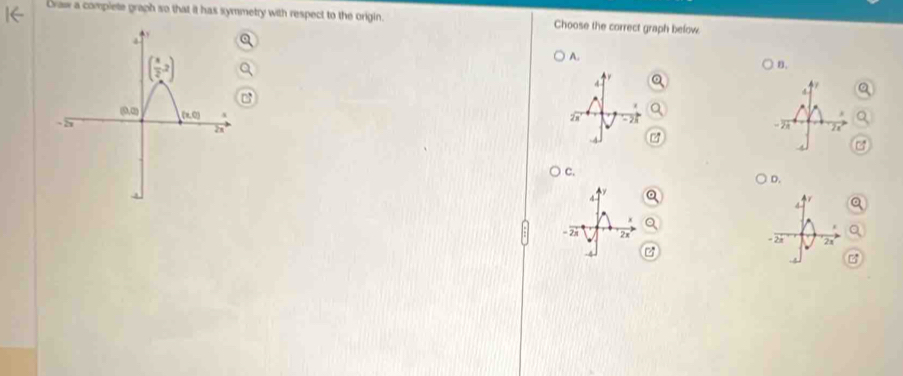 Draw a complete graph so that it has symmetry with respect to the origin. Choose the correct graph below
A.
B.
  
4
*
2x
C.
D.
a
- 28 2x -2h 2x
B
B