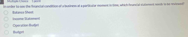 In order to see the financial condition of a business at a particular moment in time, which financial statement needs to be reviewed?
Balance Sheet
Income Statement
Operation Budjet
Budget
