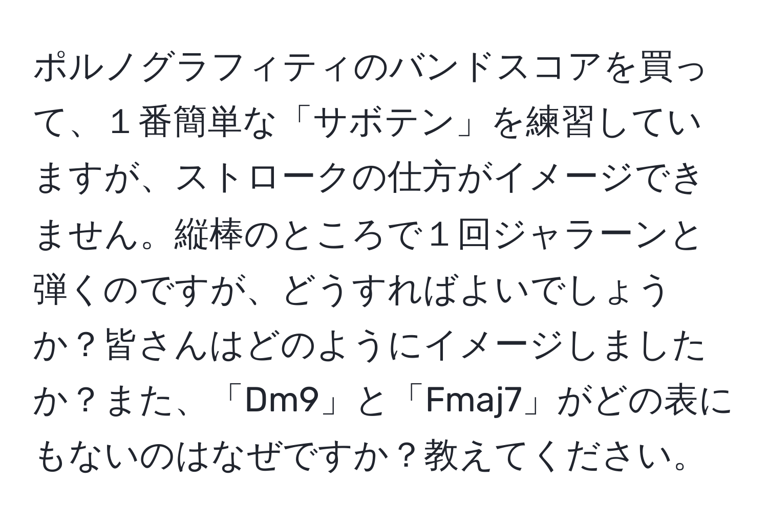 ポルノグラフィティのバンドスコアを買って、１番簡単な「サボテン」を練習していますが、ストロークの仕方がイメージできません。縦棒のところで１回ジャラーンと弾くのですが、どうすればよいでしょうか？皆さんはどのようにイメージしましたか？また、「Dm9」と「Fmaj7」がどの表にもないのはなぜですか？教えてください。