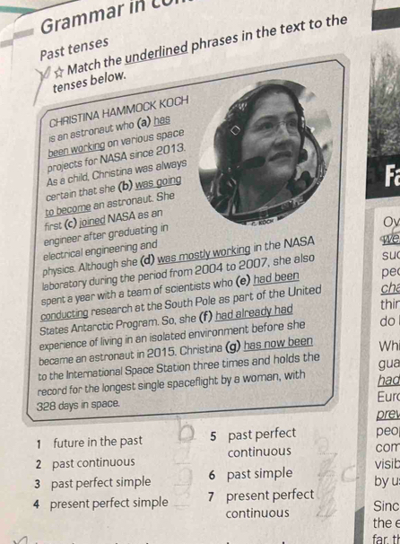 Grammar in LU 
Past tenses 
tenses below. ☆ Match the underlined phrases in the text to the 
CHRISTINA HAMMOCK KOCH 
is an astronaut who (a) has 
been working on various space 
projects for NASA since 2013. 
As a child, Christina was always 
certain that she (b) was going 
F 
to become an astronaut. She 
first (c) joined NASA as an 
engineer after graduating in 
Ov 
electrical engineering and 
physics. Although she (d) was mostly working in the NASA we 
laboratory during the period from 2004 to 2007, she also su 
spent a year with a team of scientists who (e) had been pe 
conducting research at the South Pole as part of the United cha 
States Antarctic Program. So, she (f) had already had thir 
experience of living in an isolated environment before she do 
became an astronaut in 2015. Christina (g) has now been Whi 
to the International Space Station three times and holds the 
record for the longest single spaceflight by a woman, with hao gua
328 days in space. Eur 
pre 
1 future in the past 5 past perfect peo 
2 past continuous continuous com 
3 past perfect simple 6 past simple visib 
by u 
4 present perfect simple 7 present perfect 
continuous Sinc 
the e 
far t