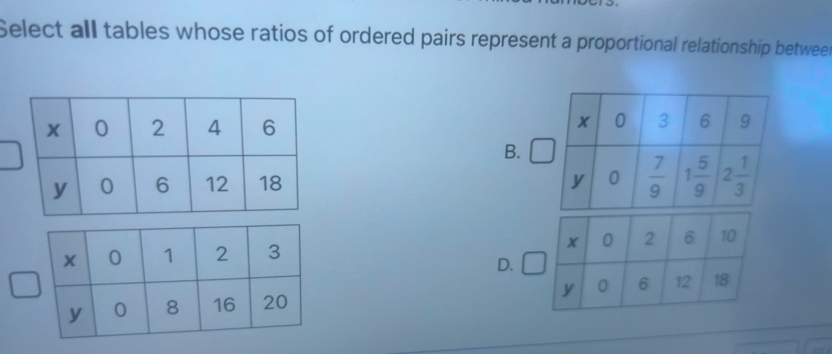 Select all tables whose ratios of ordered pairs represent a proportional relationship betweer
B.

D.