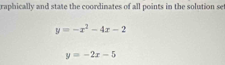 graphically and state the coordinates of all points in the solution set
y=-x^2-4x-2
y=-2x-5