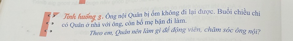 Tinh huống 3. Ông nội Quân bị ốm không đi lại được. Buổi chiều chỉ 
có Quân ở nhà với ông, còn bố mẹ bận đi làm. 
Theo em, Quân nên làm gì để động viên, chăm sóc ông nội?