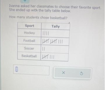 Ivanna asked her classmates to choose their favorite sport. 
She ended up with the tally table below. 
How many students chose basketball? 
×