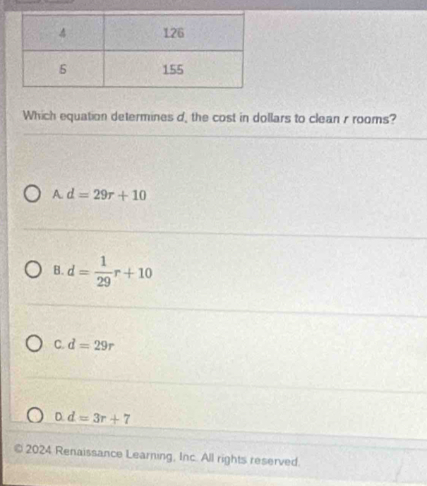 Which equation determines d, the cost in dollars to clean r rooms?
A. d=29r+10
B. d= 1/29 r+10
C. d=29r
D. d=3r+7
2024 Renaissance Learning, Inc. All rights reserved.