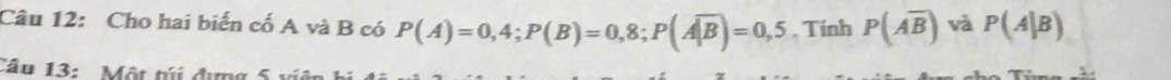 Cho hai biến cố A và B có P(A)=0,4; P(B)=0,8; P(overline A|B)=0,5. Tính P(overline Aoverline B) và P(A|B)
Câu 13: Một túi đựng 5 ví