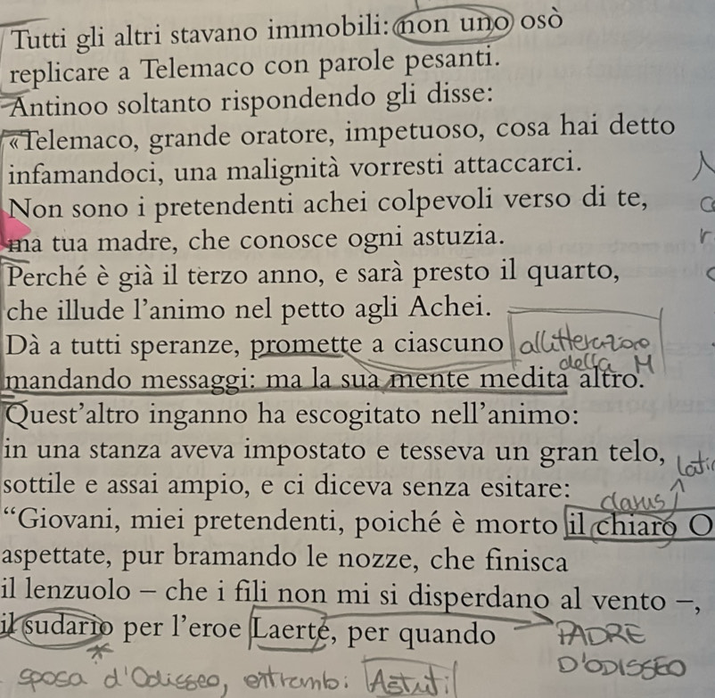 Tutti gli altri stavano immobili: non uno osò 
replicare a Telemaco con parole pesanti. 
Antinoo soltanto rispondendo gli disse: 
«Telemaco, grande oratore, impetuoso, cosa hai detto 
infamandoci, una malignità vorresti attaccarci. 
Non sono i pretendenti achei colpevoli verso di te, 
ma tua madre, che conosce ogni astuzia. 
Perché è già il terzo anno, e sarà presto il quarto, 
che illude l’animo nel petto agli Achei. 
Dà a tutti speranze, promette a ciascuno 
mandando messaggi: ma la sua mente medita altro. 
Quest’altro inganno ha escogitato nell’animo: 
in una stanza aveva impostato e tesseva un gran telo, 
sottile e assai ampio, e ci diceva senza esitare: 
“Giovani, miei pretendenti, poiché è morto il chiaro O 
aspettate, pur bramando le nozze, che finisca 
il lenzuolo - che i fili non mi si disperdano al vento -, 
il sudario per l’eroe Laerte, per quando