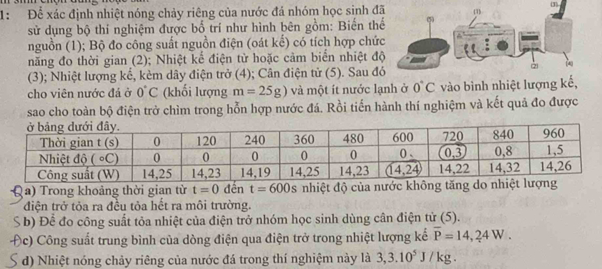 1: Để xác định nhiệt nóng chảy riêng của nước đá nhóm học sinh đ
sử dụng bộ thí nghiệm được bố trí như hình bên gồm: Biến th
nguồn (1); Bộ đo công suất nguồn điện (oát kế) có tích hợp chứ
năng đo thời gian (2); Nhiệt kế điện từ hoặc cảm biển nhiệt đ
(3); Nhiệt lượng kể, kèm dây điện trở (4); Cân điện tử (5). Sau đ
cho viên nước đá ở 0°C (khối lượng m=25g) và một ít nước lạnh ở 0°C vào bình nhiệt lượng kế,
sao cho toàn bộ điện trở chìm trong hỗn hợp nước đá. Rồi tiến hành thí nghiệm và kết quả đo được
a) Trong khoảng thời gian từ t=0 đền t=600s nhiệt độ của nước không tăng do nhiệt lượng
điện trở tỏa ra đều tỏa hết ra môi trường.
b) Đề đo công suất tỏa nhiệt của điện trở nhóm học sinh dùng cân điện tử (5).
(c) Công suất trung bình của dòng điện qua điện trở trong nhiệt lượng kế overline P=14,24W.
d) Nhiệt nóng chảy riêng của nước đá trong thí nghiệm này là 3,3.10^5J/kg.