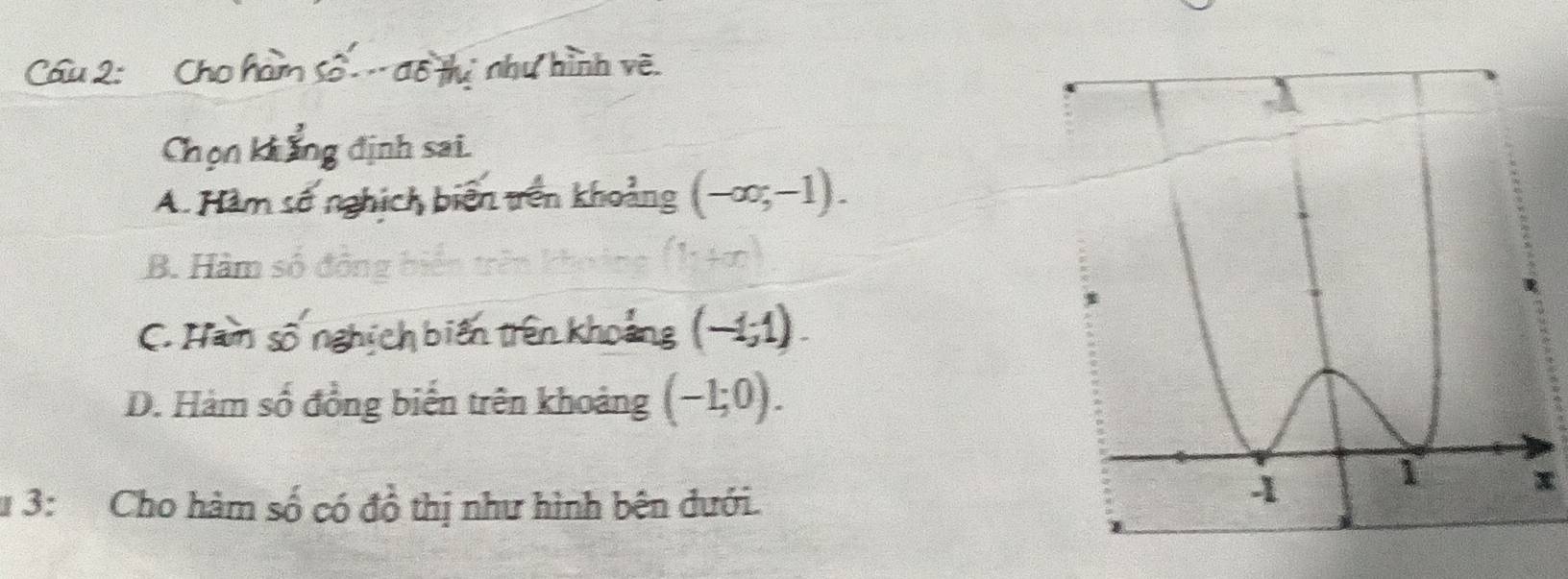 định sai
hoang (-∈fty ,-1).
B. Hàm số đông
(-1;1).
D. Hàm số đồng biến trên khoảng (-1;0). 
* 3: Cho hàm số có đồ thị như hình bên dưới.