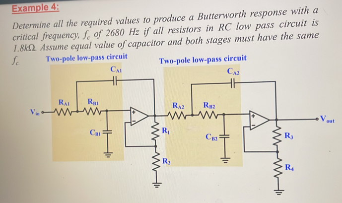 Example 4:
Determine all the required values to produce a Butterworth response with a
critical frequency, f_c of 2680 Hz if all resistors in RC low pass circuit is
1.8kΩ. Assume equal value of capacitor and both stages must have the same
ss circuit