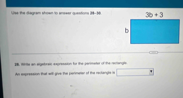 Use the diagram shown to answer questions 28-30.
28. Write an algebraic expression for the perimeter of the rectangle.
An expression that will give the perimeter of the rectangle is □  □