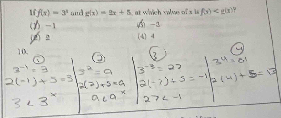 1f f(x)=3^x and g(x)=2x+5 , at which value of x is f(x)
() -1 6 -3
(2) 2 (4) 4
10.