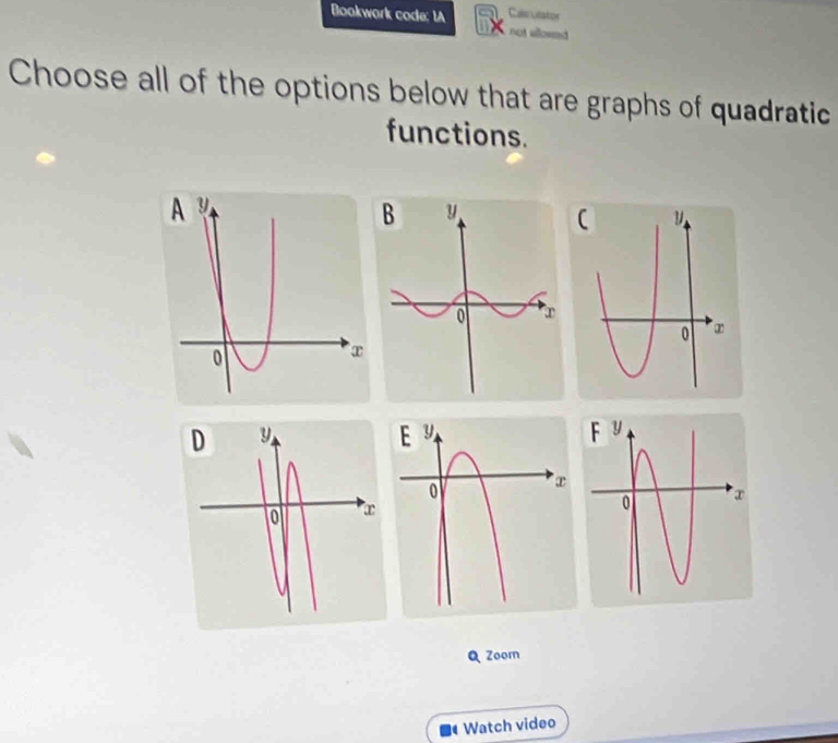 Bookwork code: IA Caculator 
not allosed 
Choose all of the options below that are graphs of quadratic 
functions. 
Q Zoomn 
Watch video