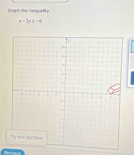 Graph the Inequality.
x-2y≤ -6
Recheck