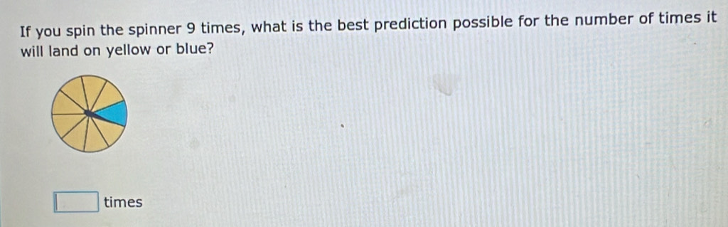 If you spin the spinner 9 times, what is the best prediction possible for the number of times it 
will land on yellow or blue? 
□ times