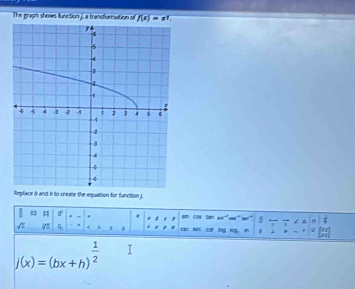 The graph shows function j, a transformation of f(z)=z^y. 
Replace b and h to create the equation for function j. 
 □ /□   
o r sin cop tan sn co' 
i 
 
sqrt(□ ) 9 a_3 * < 2 4 csc sec cot log log
j(x)=(bx+h)^ 1/2 