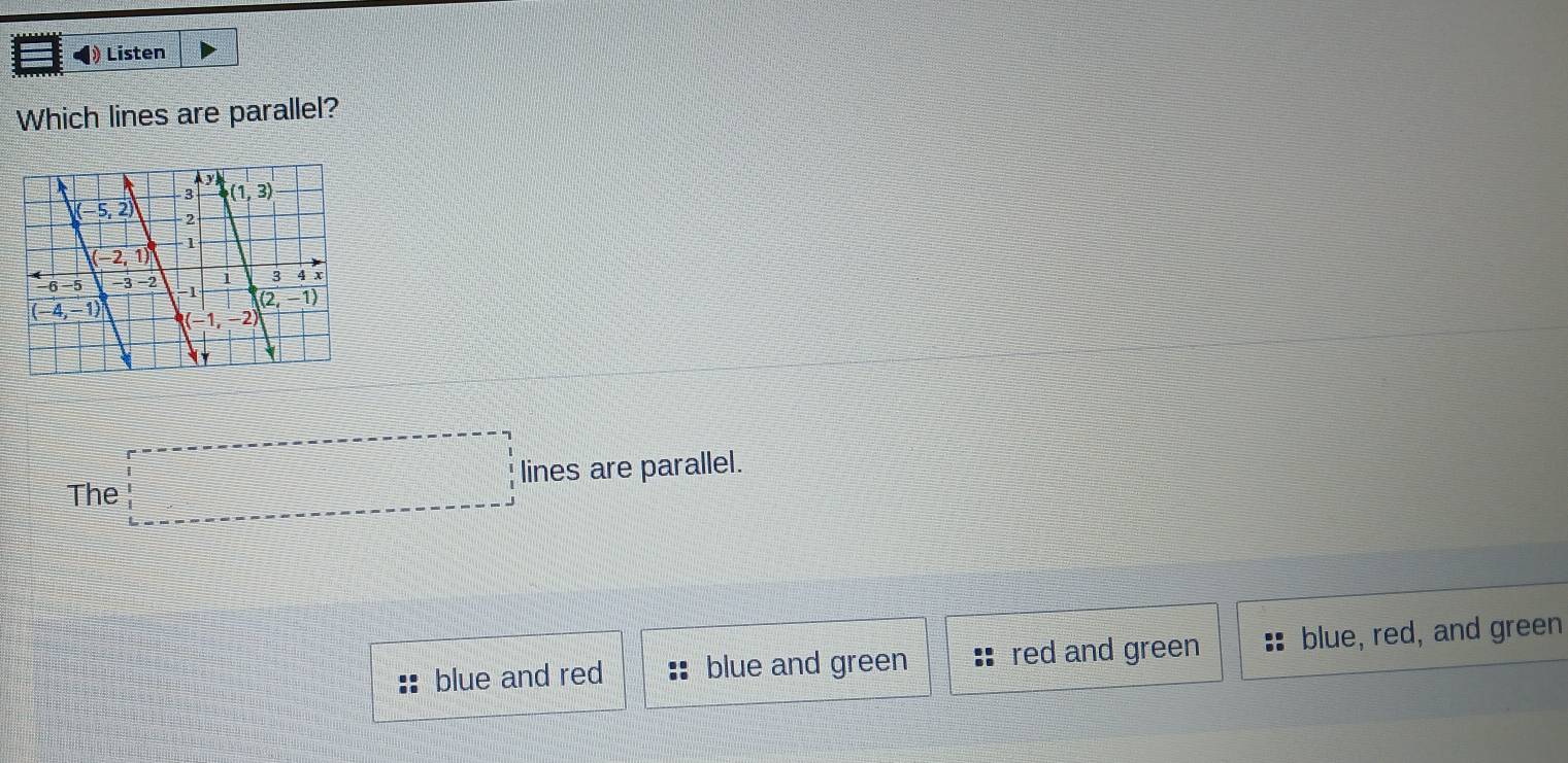 Solved: Listen Which lines are parallel? The lines are parallel. blue ...