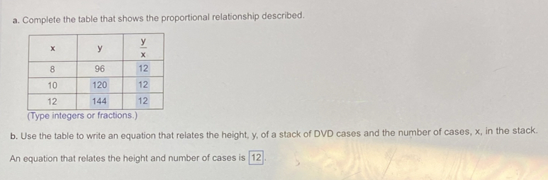 Complete the table that shows the proportional relationship described.
b. Use the table to write an equation that relates the height, y, of a stack of DVD cases and the number of cases, x, in the stack.
An equation that relates the height and number of cases is |12].