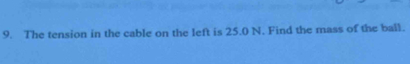 The tension in the cable on the left is 25.0 N. Find the mass of the ball.