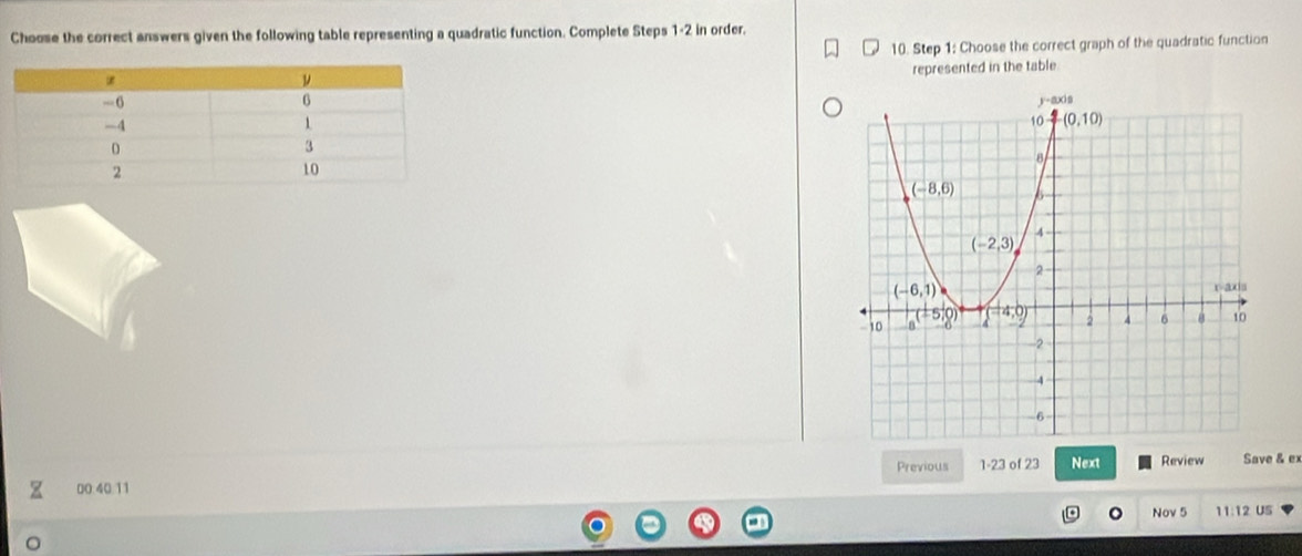 Choose the correct answers given the following table representing a quadratic function. Complete Steps 1-2 in order,
10. Step 1: Choose the correct graph of the quadratic function
represented in the table
 
Previous 1-23 of 23 Next Review Save & ex
00:40:11
Nov 5 11:12 US