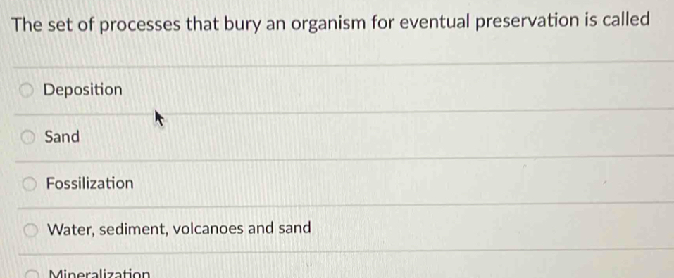 The set of processes that bury an organism for eventual preservation is called
Deposition
Sand
Fossilization
Water, sediment, volcanoes and sand
Mineralization