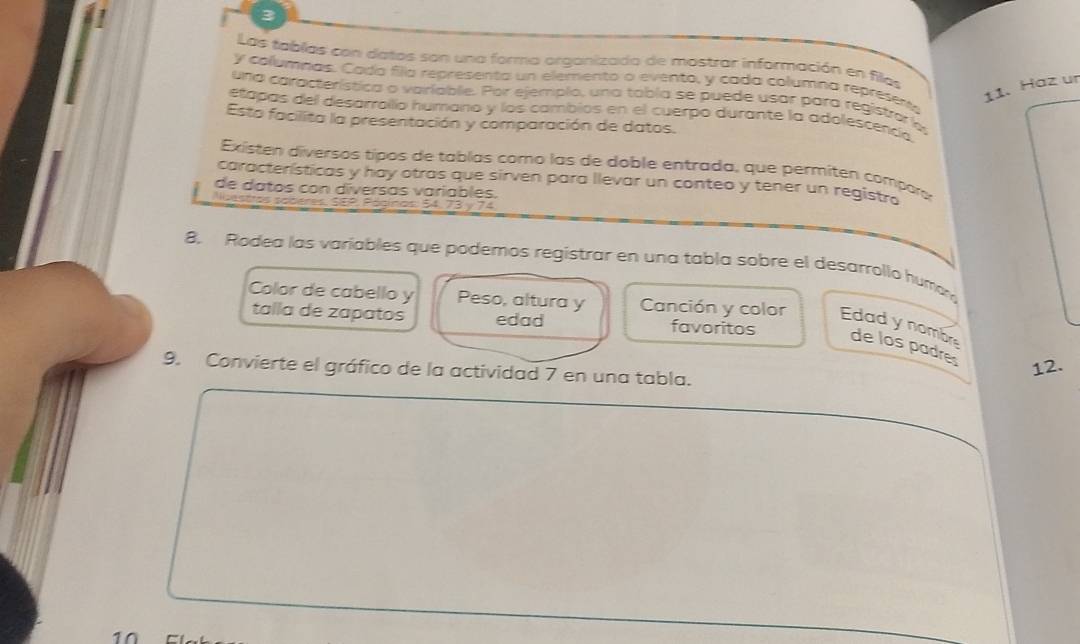 Las tablas con datos son una forma organizado de mostrar información en filas 
y columnas. Cada filla representa un elemento o evento, y cada columna represent 
11. Haz ur 
una característica o varlablie. Por ejempio, una tabla se puede usar para registra a 
etapas del desarrollío humano y los cambios en el cuerpo durante la adolescencía 
Esto facilita la presentación y comparación de datos. 
Existen diversos típos de tablas como las de doble entrada, que permiten compora 
características y hay otras que sirven para llevar un conteo y tener un registra 
de datos con diversas variables, 
Nuestitos soberes, SEP. Páginos: 54, 73 y 74
8. Rodea las varíables que podemos registrar en una tabla sobre el desarrollo human 
talla de zapatos edad favoritos 
Color de cabello y Peso, altura y Canción y color Edad y nombre de los padres 
9. Convierte el gráfico de la actividad 7 en una tabla. 
12. 
10