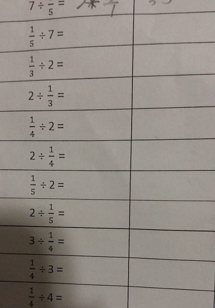 7/ frac 5=
 1/4 / 4=