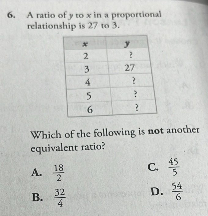 A ratio of y to x in a proportional
relationship is 27 to 3.
Which of the following is not another
equivalent ratio?
A.  18/2 
C.  45/5 
B.  32/4 
D.  54/6 