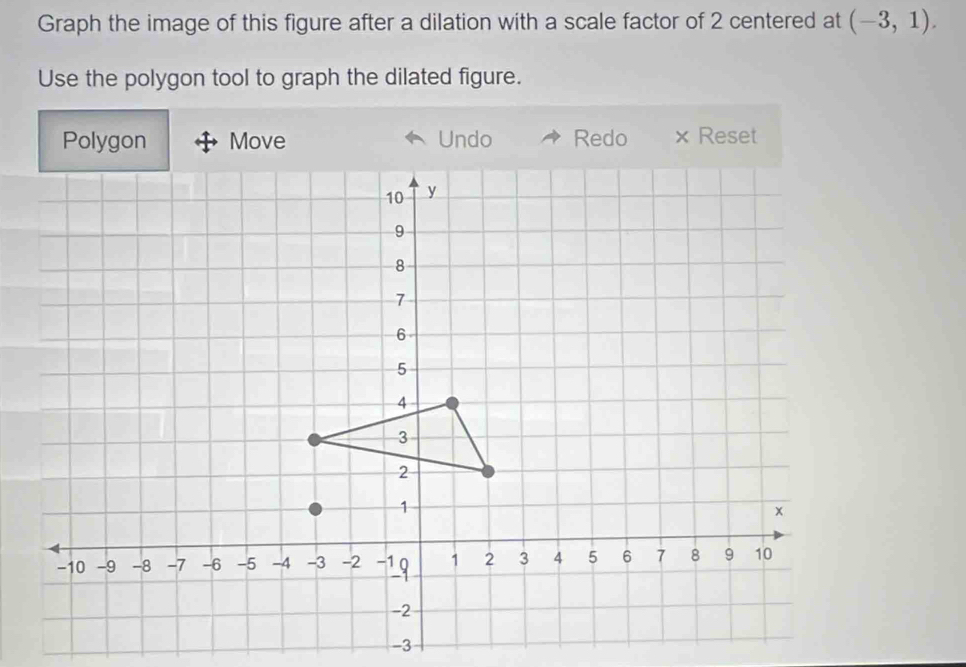 Graph the image of this figure after a dilation with a scale factor of 2 centered at (-3,1). 
Use the polygon tool to graph the dilated figure. 
Polygon Move Undo Redo × Reset