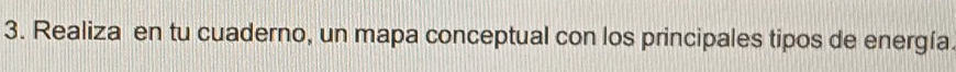 Realiza en tu cuaderno, un mapa conceptual con los principales tipos de energía.