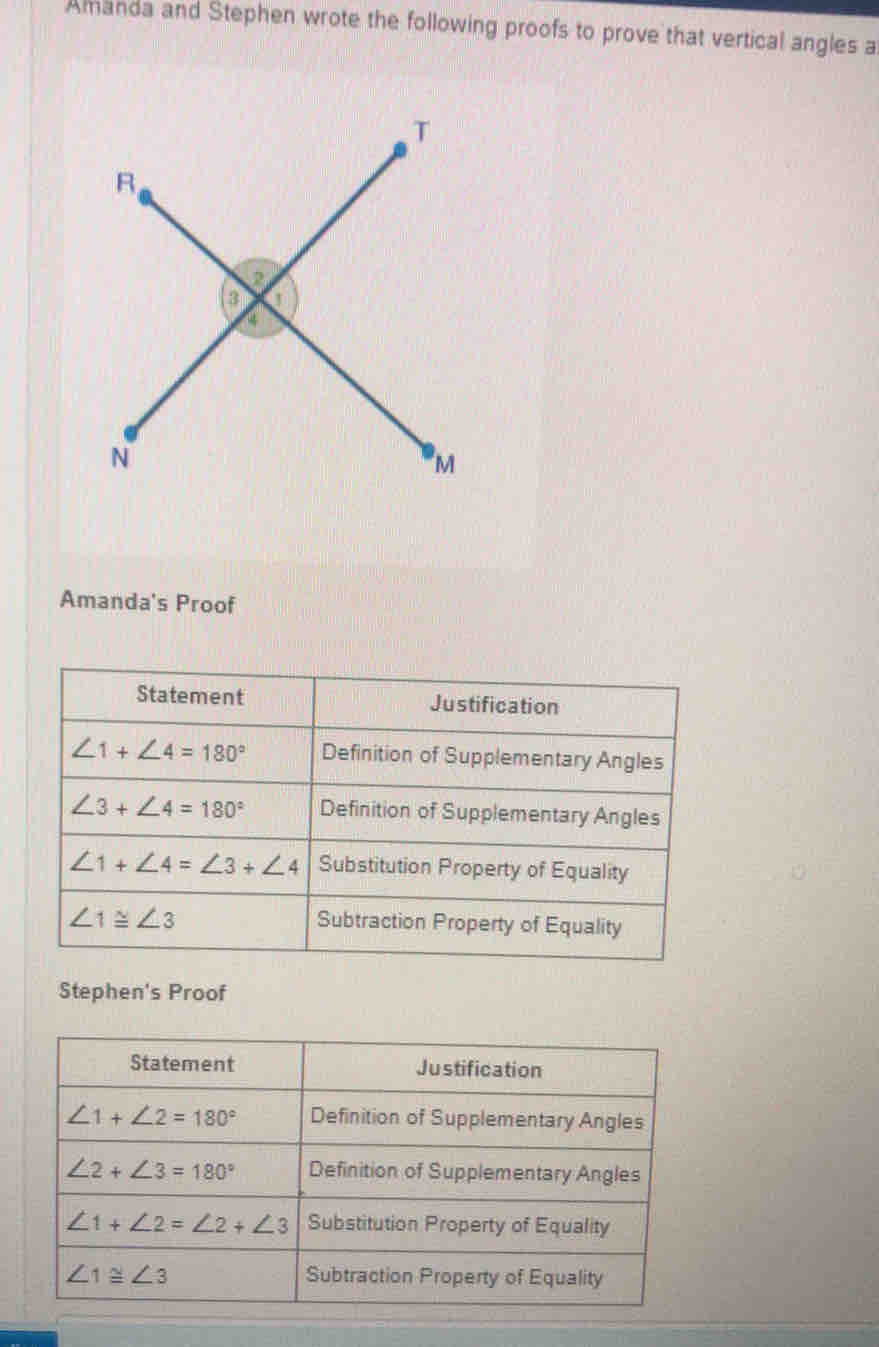 Amanda's Proof
Stephen's Proof
Stephen is correct, but Amanda is not.
Amanda is correct, but Stephen is not.
Both Amanda and Stephen are correct.
Neither Amanda nor Stephen is correct.