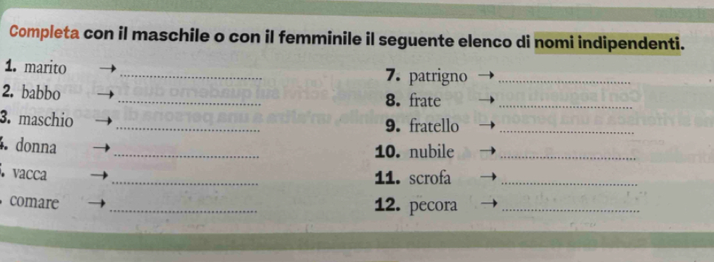 Completa con il maschile o con il femminile il seguente elenco di nomi indipendenti. 
_ 
1. marito 
7. patrigno_ 
_ 
_ 
2. babbo 
8. frate 
3. maschio _9. fratello_ 
_ 
. donna 
10. nubile_ 
_ 
vacca 
11. scrofa_ 
comare _12. pecora_