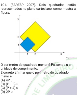 (SARESP 2007). Dois quadrados estão
representados no plano cartesiano, como mostra a
figura.
O perímetro do quadrado menor é Pu, sendo u a
unidade de comprimento.
É correto afirmar que o perímetro do quadrado
maior é
(A) 4P u
(B) (P+8)u
(C) (P+4)u
(D) 2P u