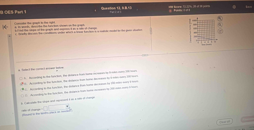 Question 12, 9.8.13 HW Score: 72.22%, 26 of 36 points Save
B OES Part 1 Part 2 of 3 Points: 0 of 8
Consider the graph to the right.
a. In words, describe the function shown on the graph. 1000
800
b. Find the slope of the graph and express it as a rate of change.
600
c. Briefly discuss the conditions under which a linear function is a realistic model for the given situation
400
200
0 8 10
Time (hours)
a Select the correct answer below
A. According to the function, the distance from home increases by 9 miles every 200 hours.
B. According to the function, the distance from home decreases by 9 miles every 200 hours.
C. According to the function, the distance from home decreases by 200 miles every 9 hours
D. - According to the function, the distance from home increases by 200 miles every 9 hours
b Calculate the slope and represent it as a rate of change
rale of change
(Round to the tenths place as needed)
Clear ali
1333